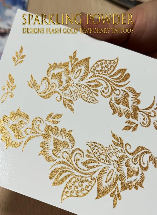 Roarhowl Metallic Gold Temporary Tattoostattoos for women and Girls, gold glitter tattoos,Floral Style Body Art Stickers, 8 Large Sheets tattoos for women Girls (Colorful gold glitter-1) - Image 4